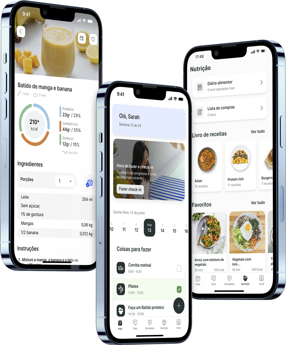 Um mockup da aplicação de coaching a mostrar as funcionalidades.
